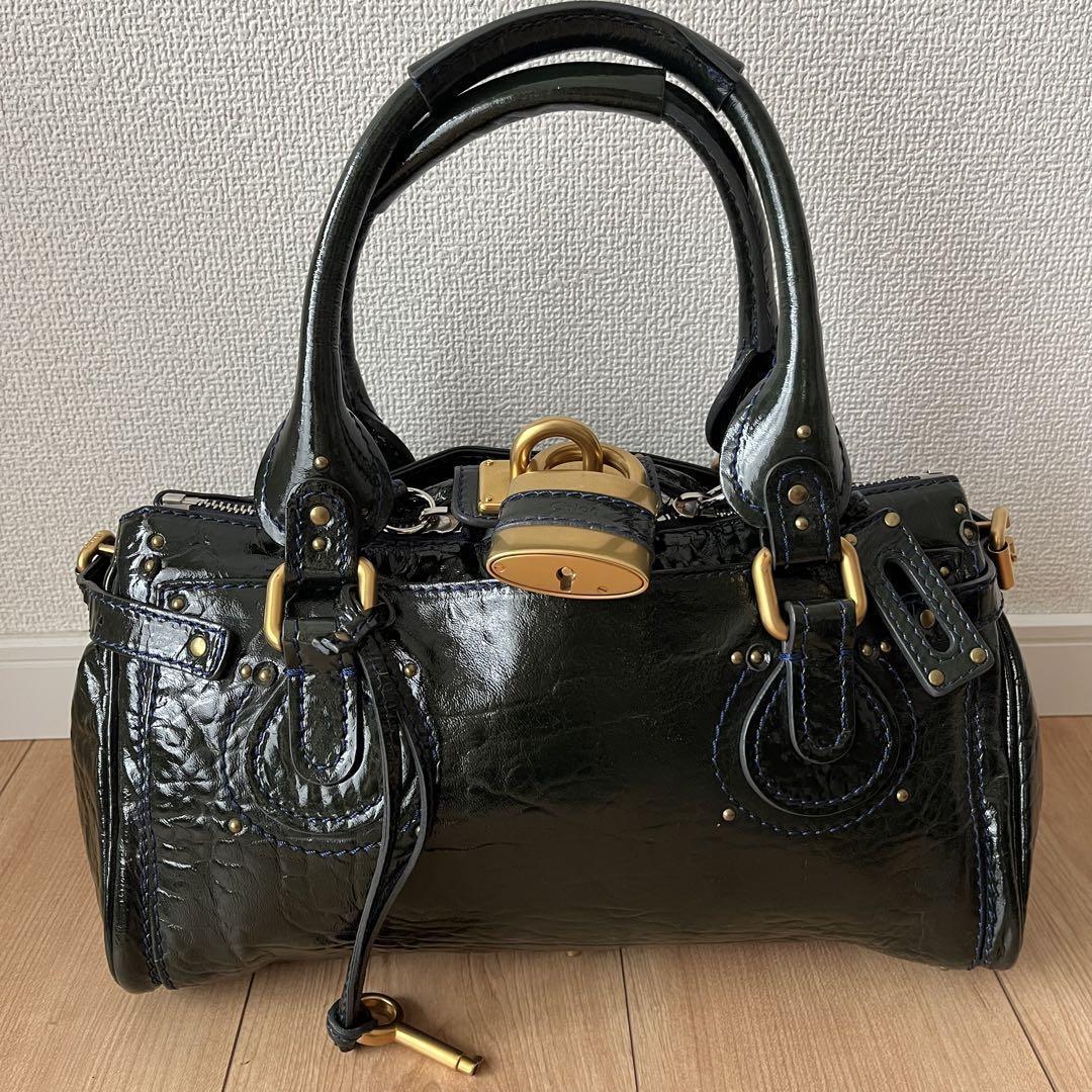 Chloe paddington handbag shoulder bag padlock key khaki enamel leather