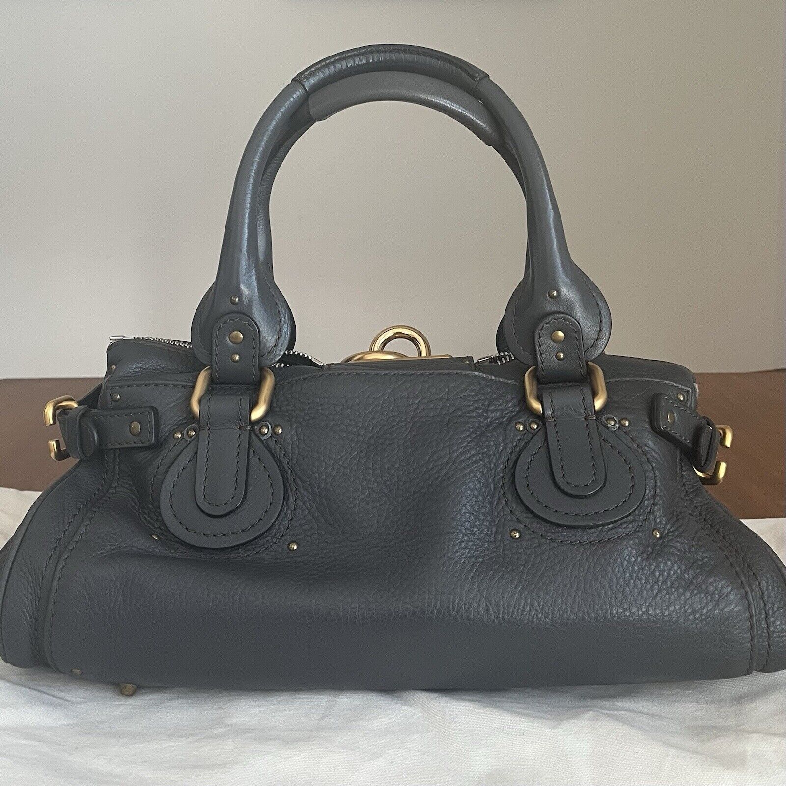 Chloe paddington leather hand bag dark gray leather medium padlock key card f s