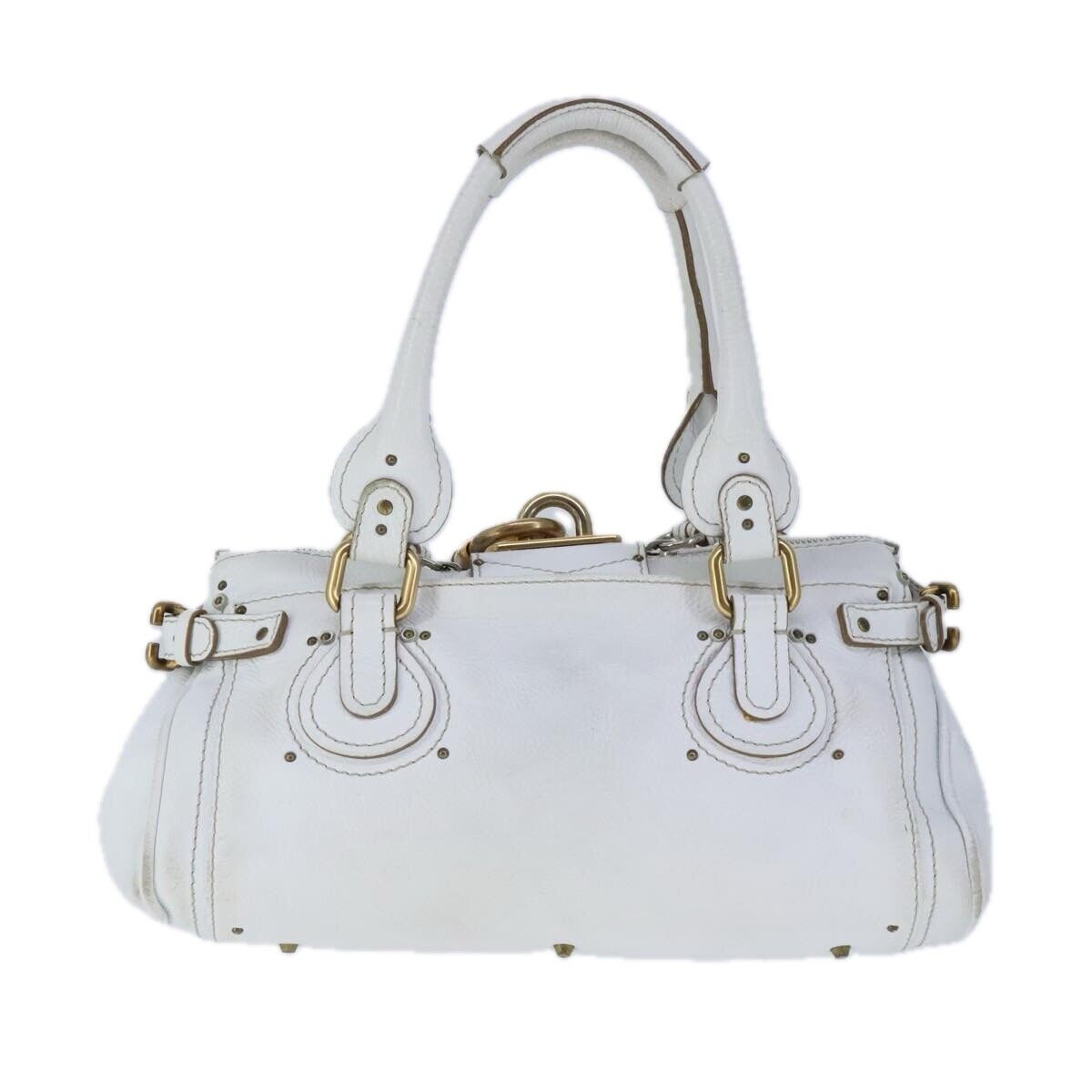 Chloe paddington hand bag leather white gold silver auth am7275