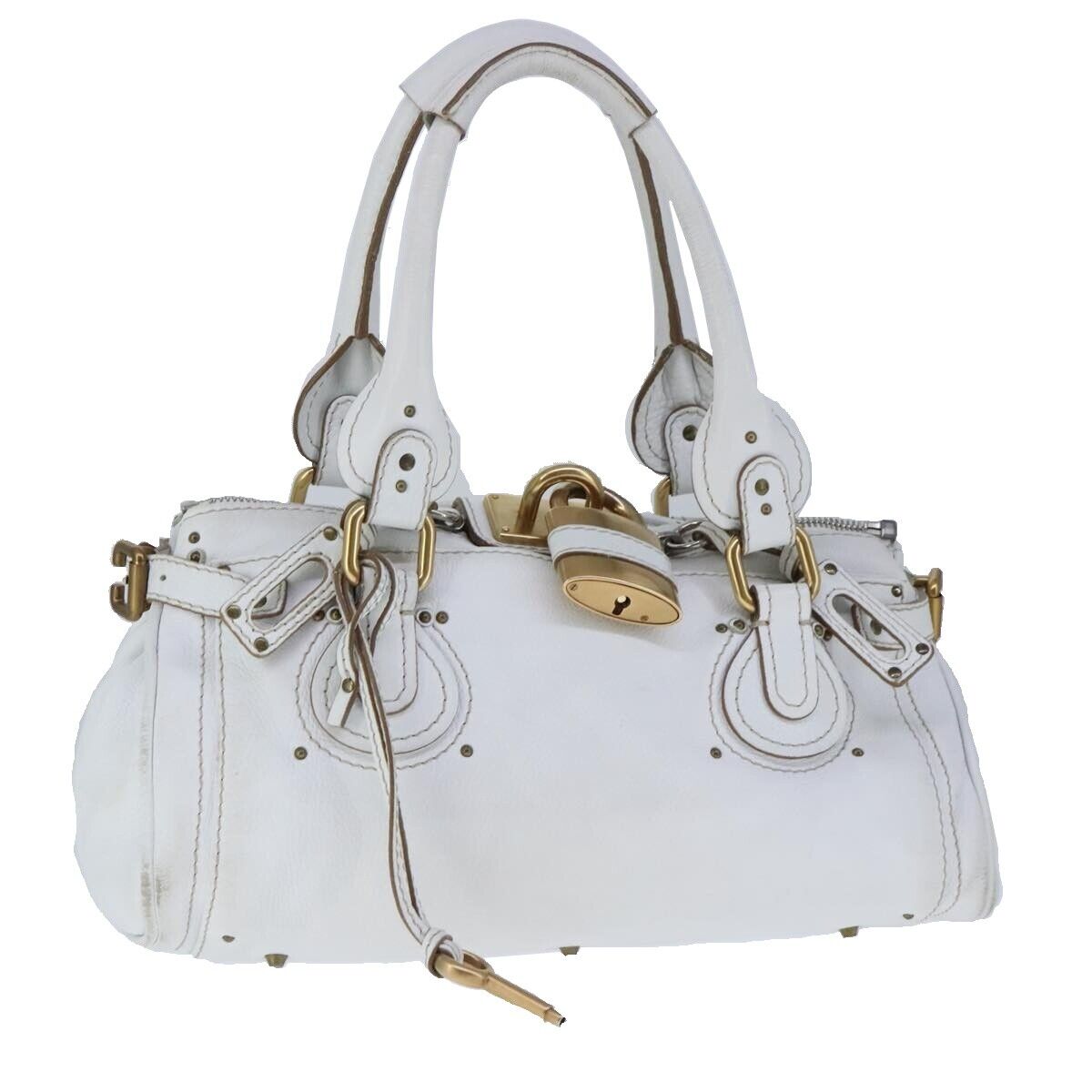 Chloe paddington hand bag leather white gold silver auth am7275