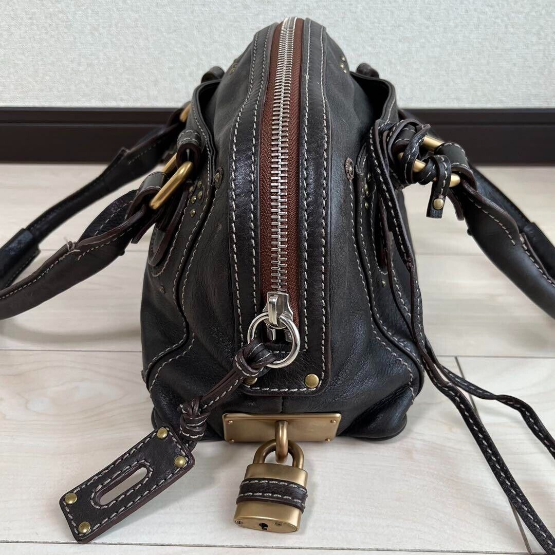 Chloe paddington gold padlock key dark brown hand bag mini boston bag used 2501m