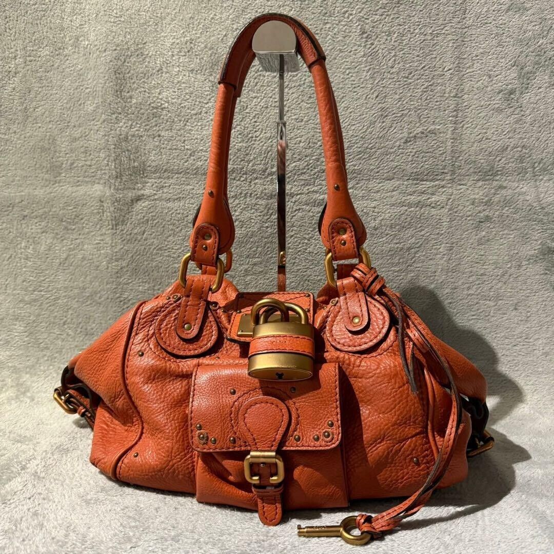 Chloe paddington gold padlock key orange hand bag grained leather used 2501m