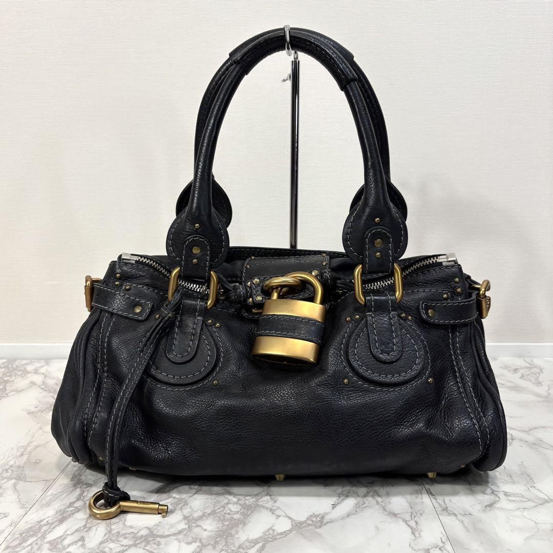 Chloe paddington handbag shoulder bag medium black leather w dustbag 20 36 20cm