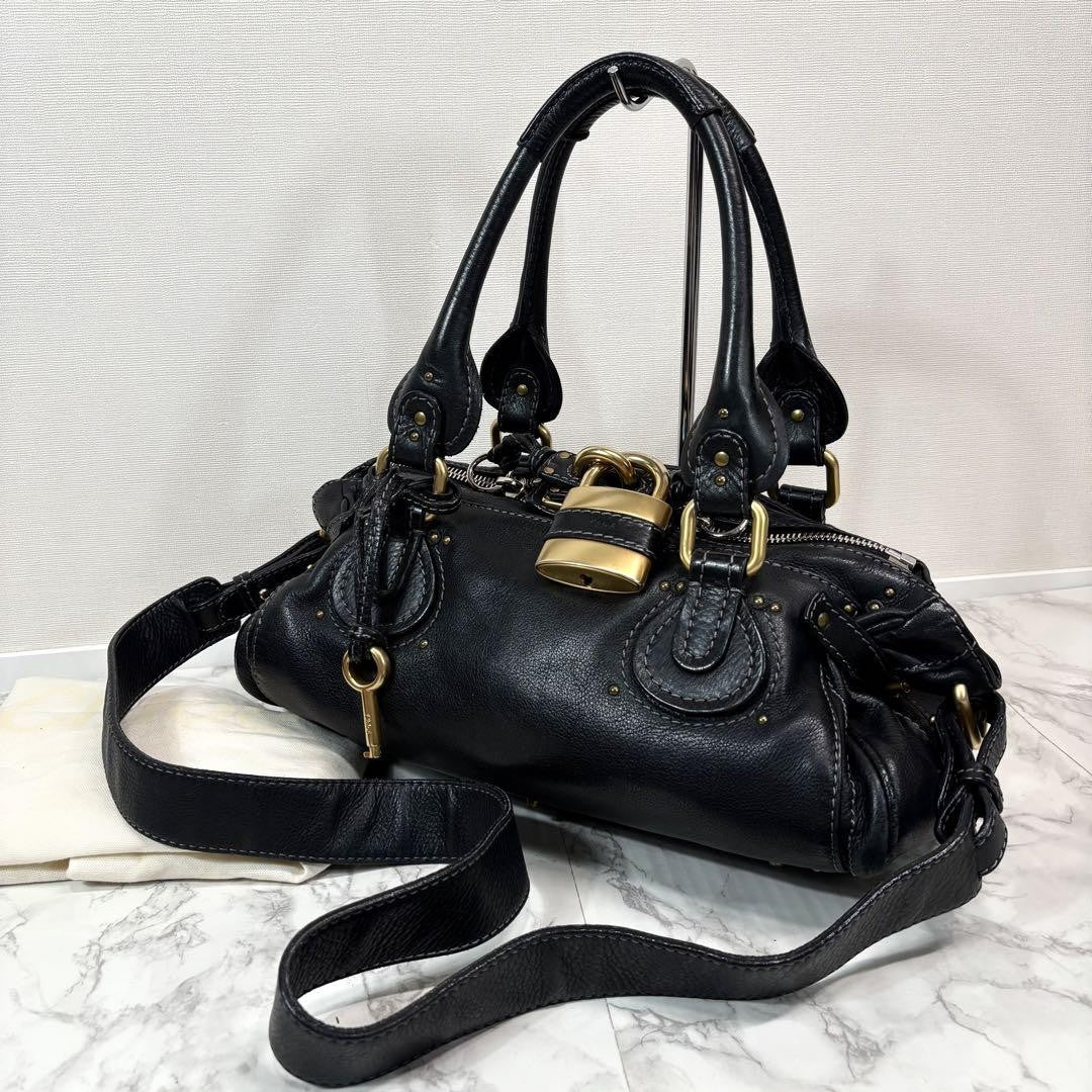 Chloe paddington 2way hand bag shoulder bag leather black padlock key used 32914