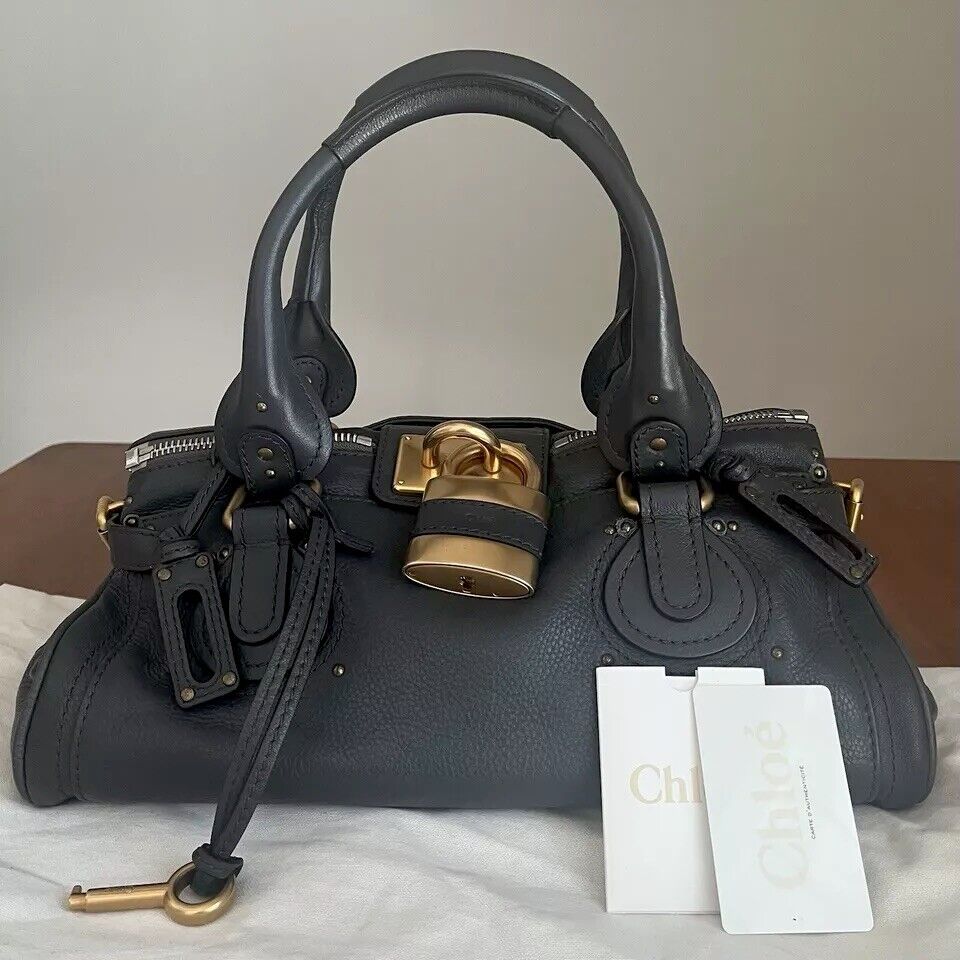 Chloe paddington leather hand bag dark gray leather medium padlock key card f s